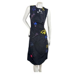 Carolina Herrera Black Silk Multicolor Floral Embroidered A-Line Dress, US 2