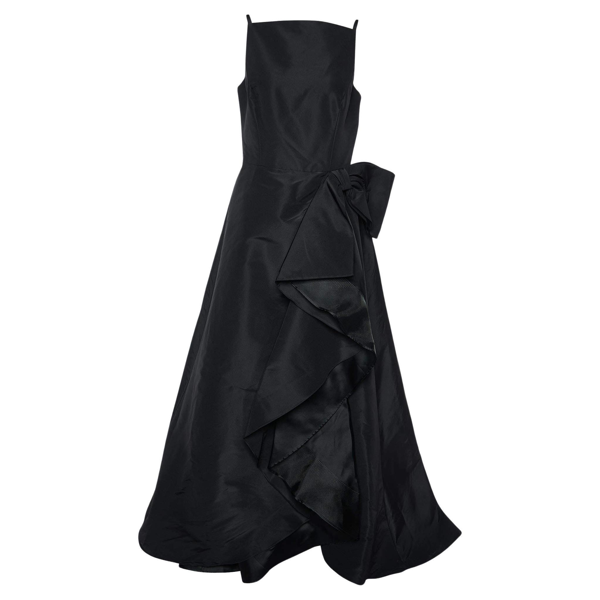 Carolina Herrera Black Silk Taffeta Bow Detail Cascading Gown M For Sale