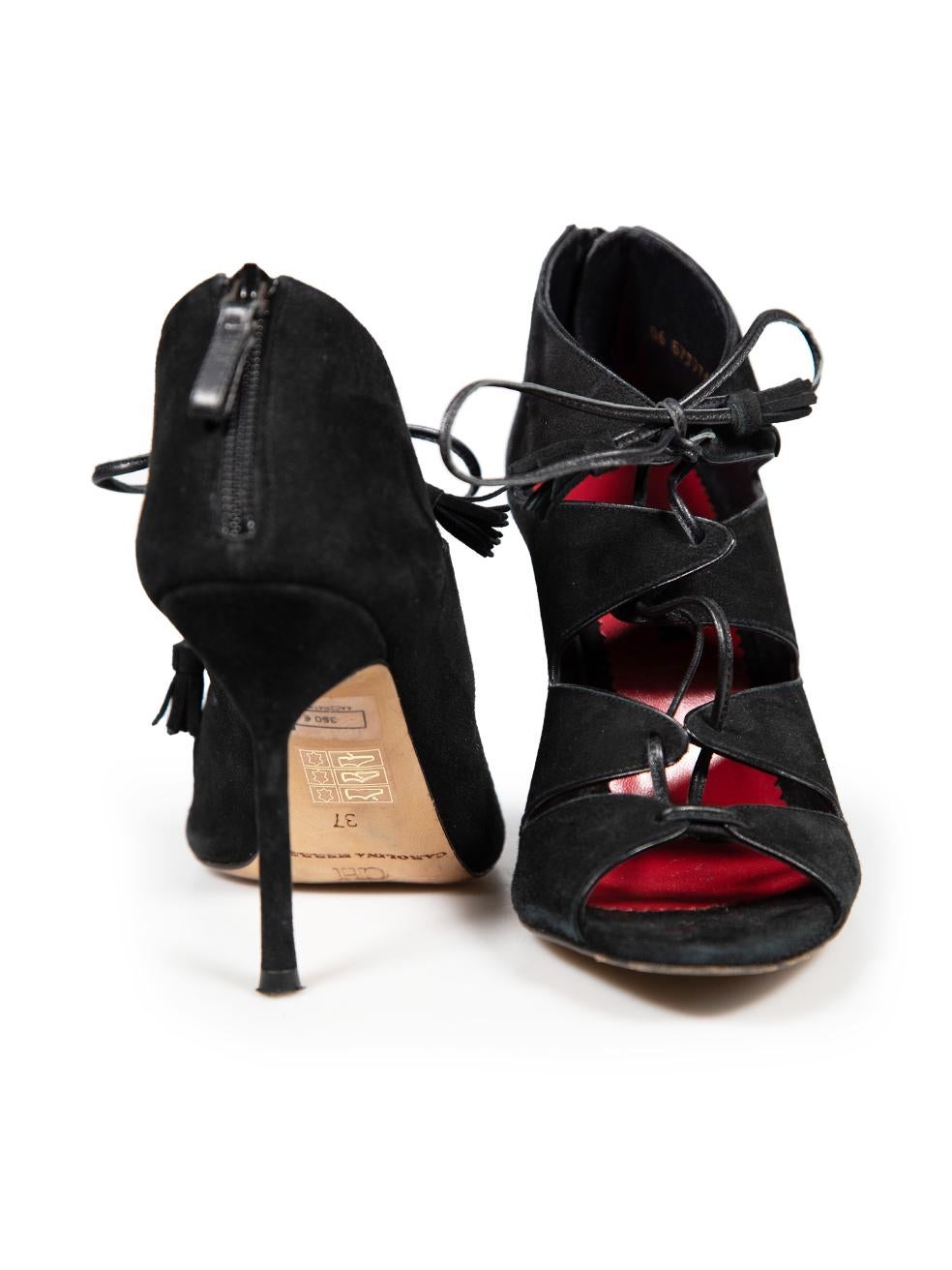 Carolina Herrera Black Suede Lace Up Ankle Heels Size IT 37 In Excellent Condition For Sale In London, GB
