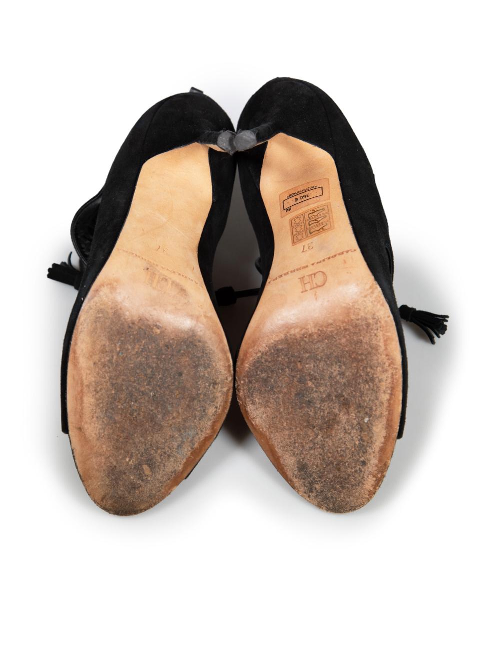 Carolina Herrera Schwarze Wildleder-Spitzen-Stiefelettensandalen Größe IT 37 Damen im Angebot