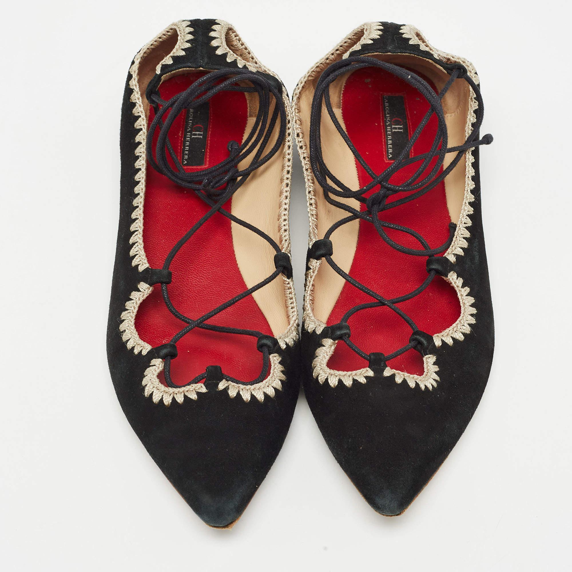 Carolina Herrera Bailarinas de ante negro con lazo en punta talla 37 Negro en venta