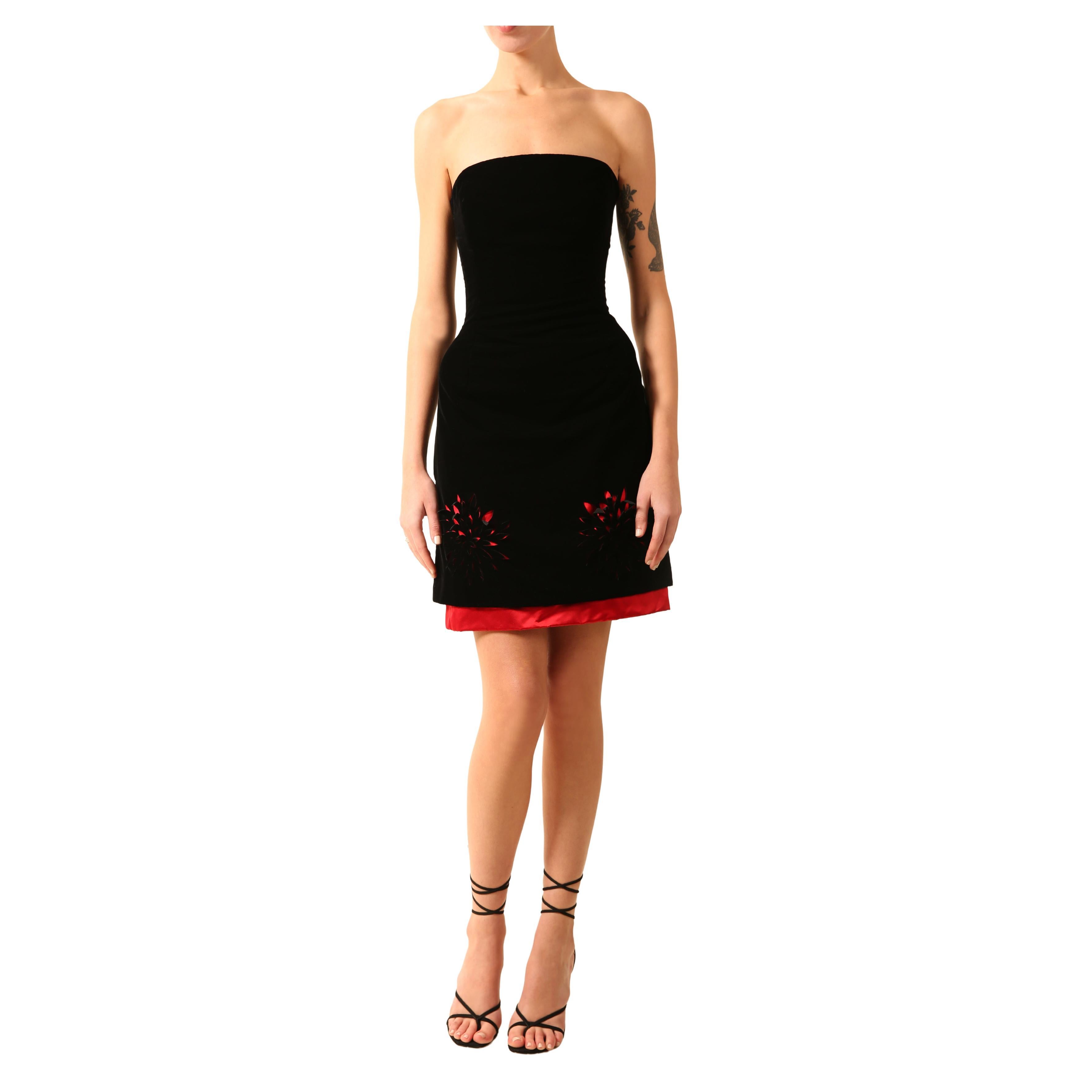 Carolina Herrera black velvet red satin strapless cut out floral bustier dress 