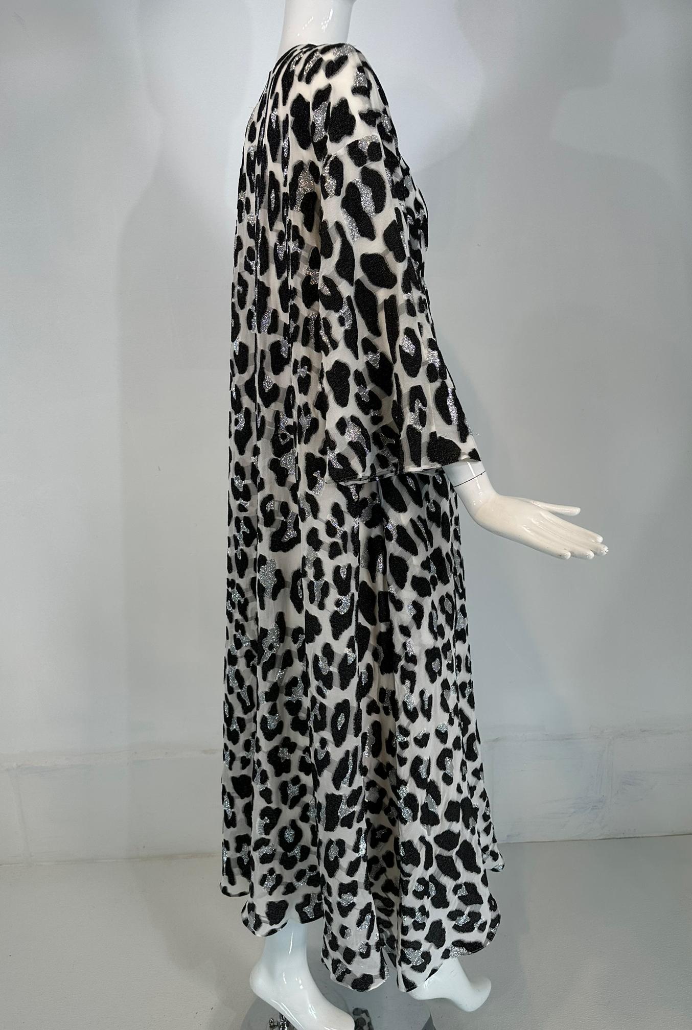 Carolina Herrera Black White & Silver Metallic Silk Leopard Print Caftan Small 6