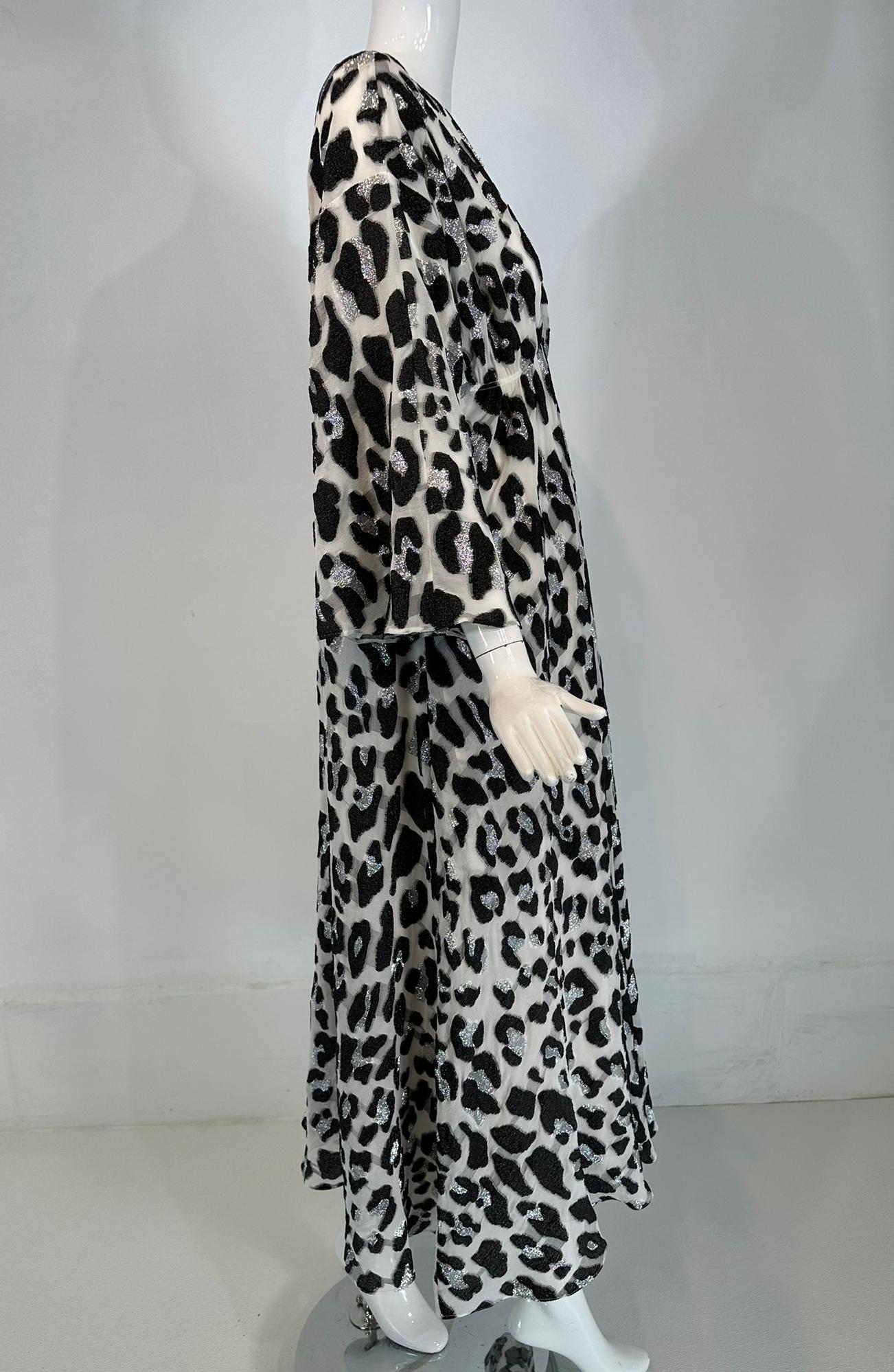 Carolina Herrera Black White & Silver Metallic Silk Leopard Print Caftan Small 7