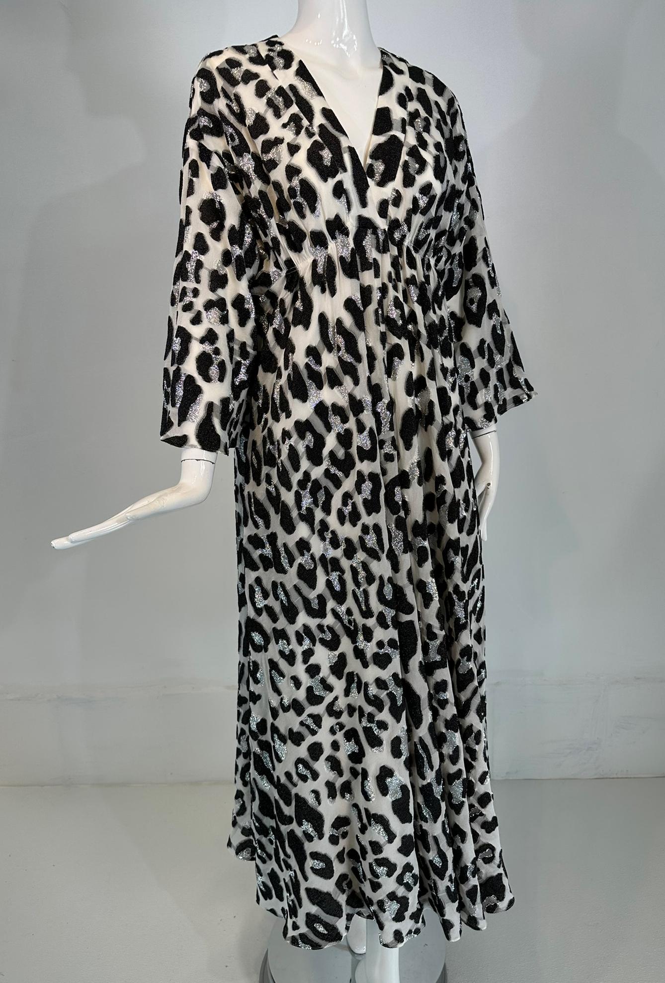 Carolina Herrera Black White & Silver Metallic Silk Leopard Print Caftan Small 9