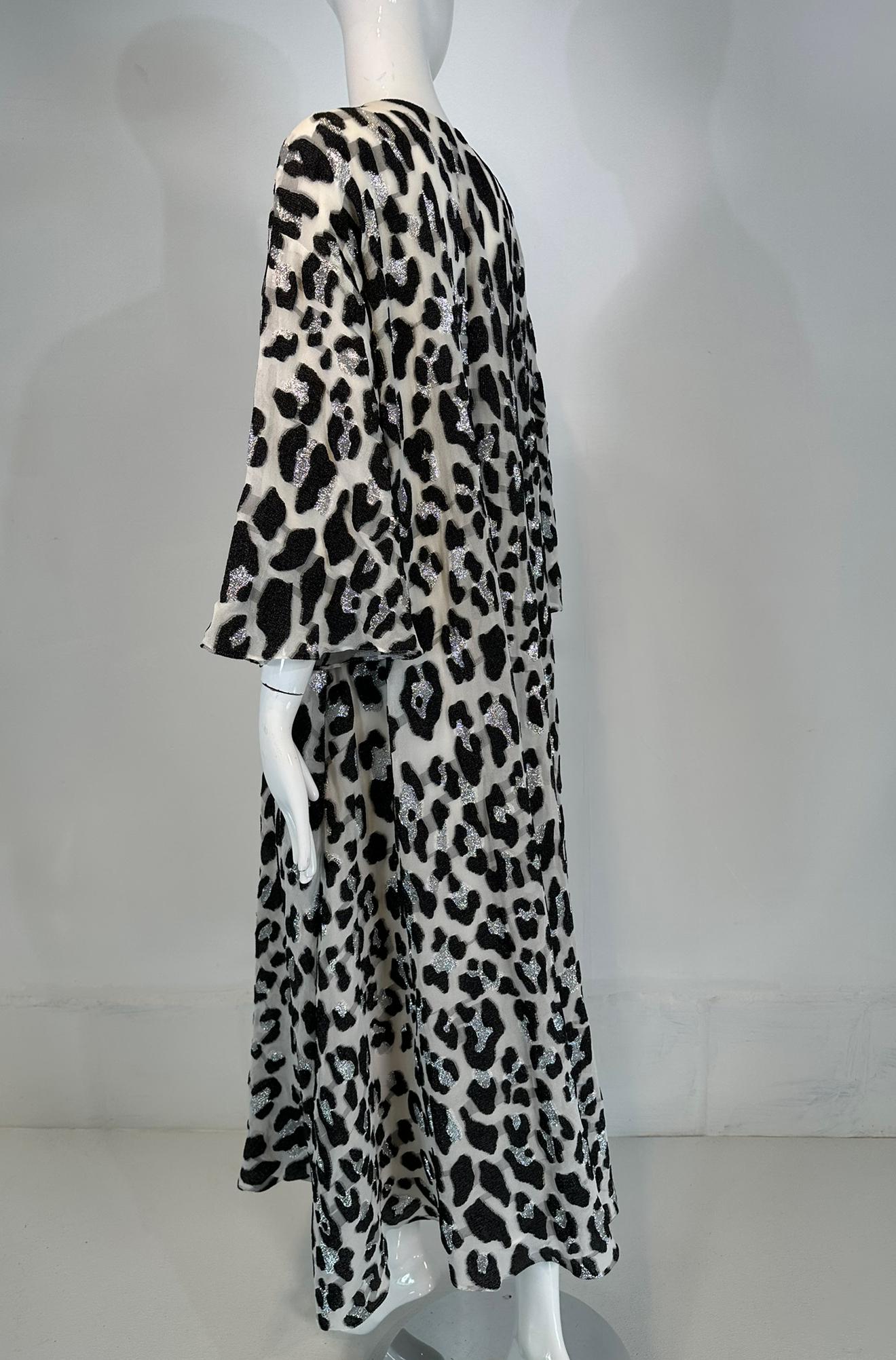 Carolina Herrera Black White & Silver Metallic Silk Leopard Print Caftan Small 1