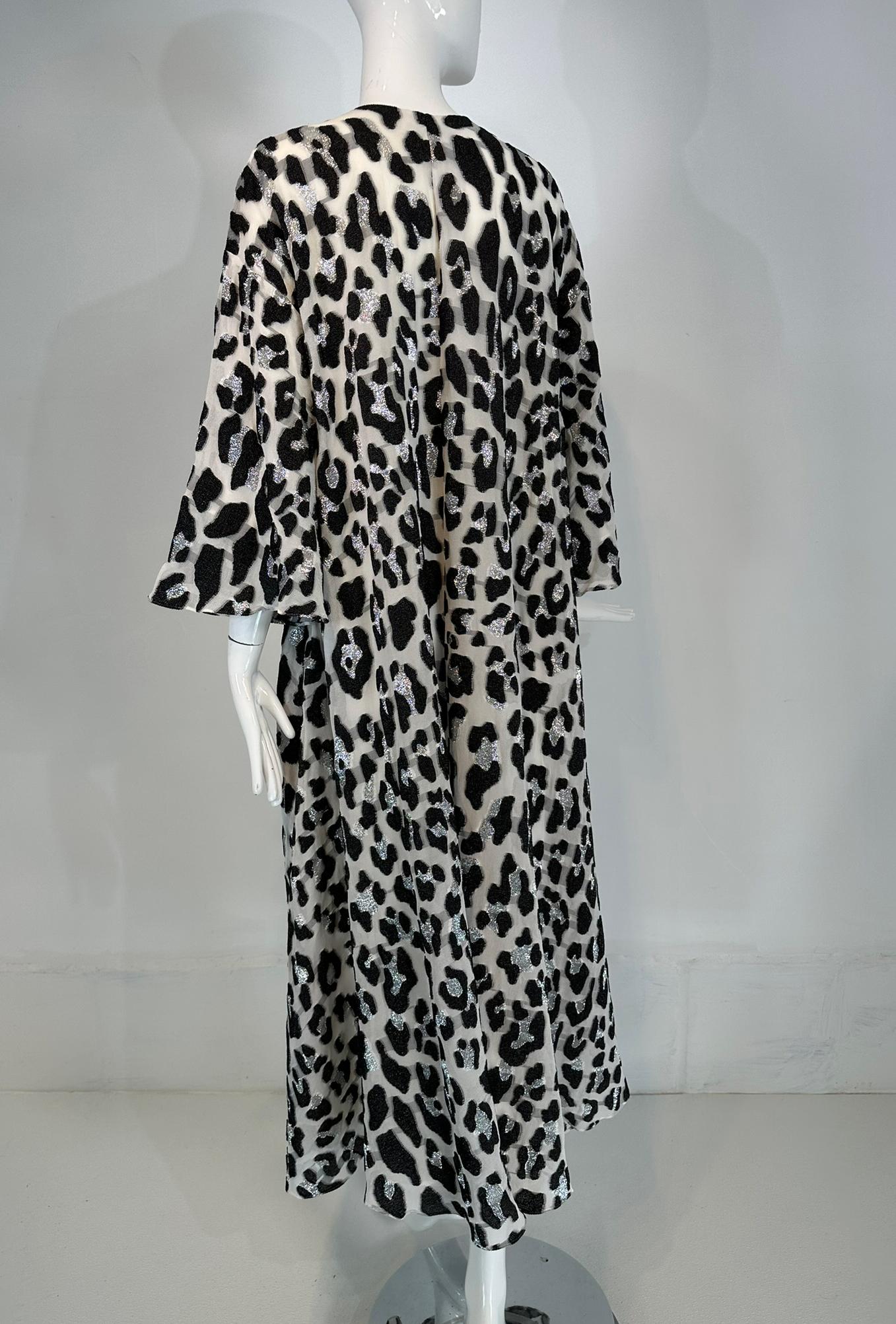 Carolina Herrera Black White & Silver Metallic Silk Leopard Print Caftan Small 3