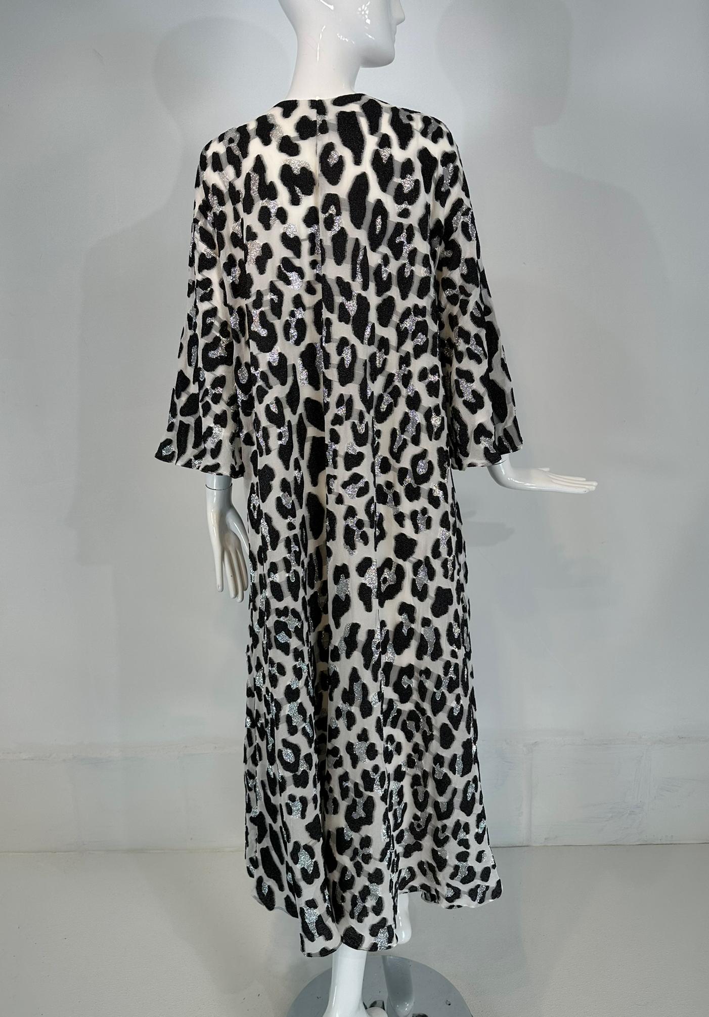 Carolina Herrera Black White & Silver Metallic Silk Leopard Print Caftan Small 4