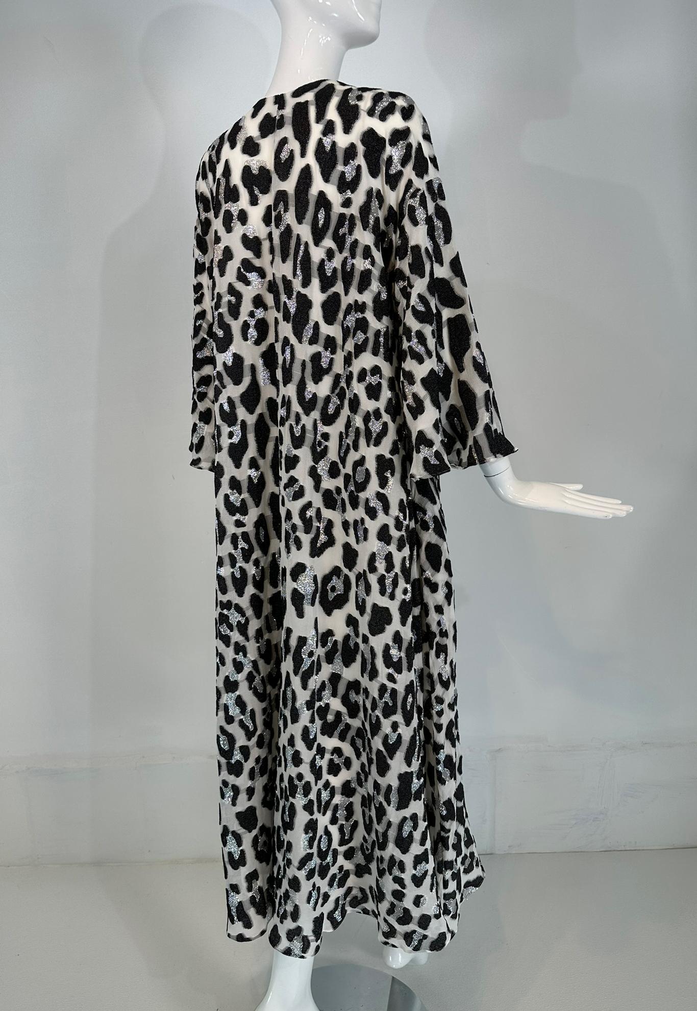 Carolina Herrera Black White & Silver Metallic Silk Leopard Print Caftan Small 5