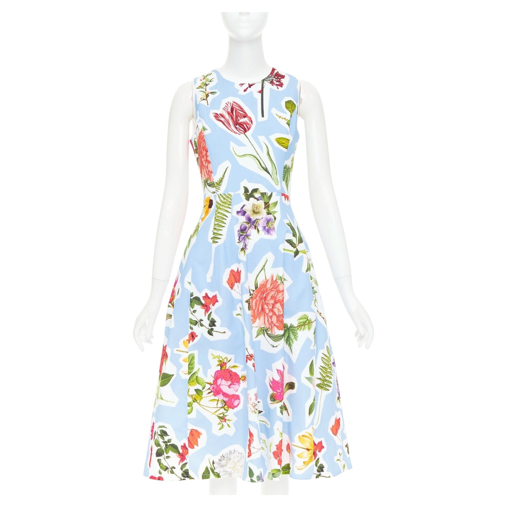 CAROLINA HERRERA blue floral collage print sleeveless faille midi dress US4 S