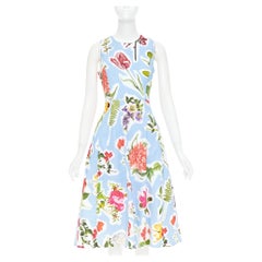 CAROLINA HERRERA blue floral collage print sleeveless faille midi dress US4 S