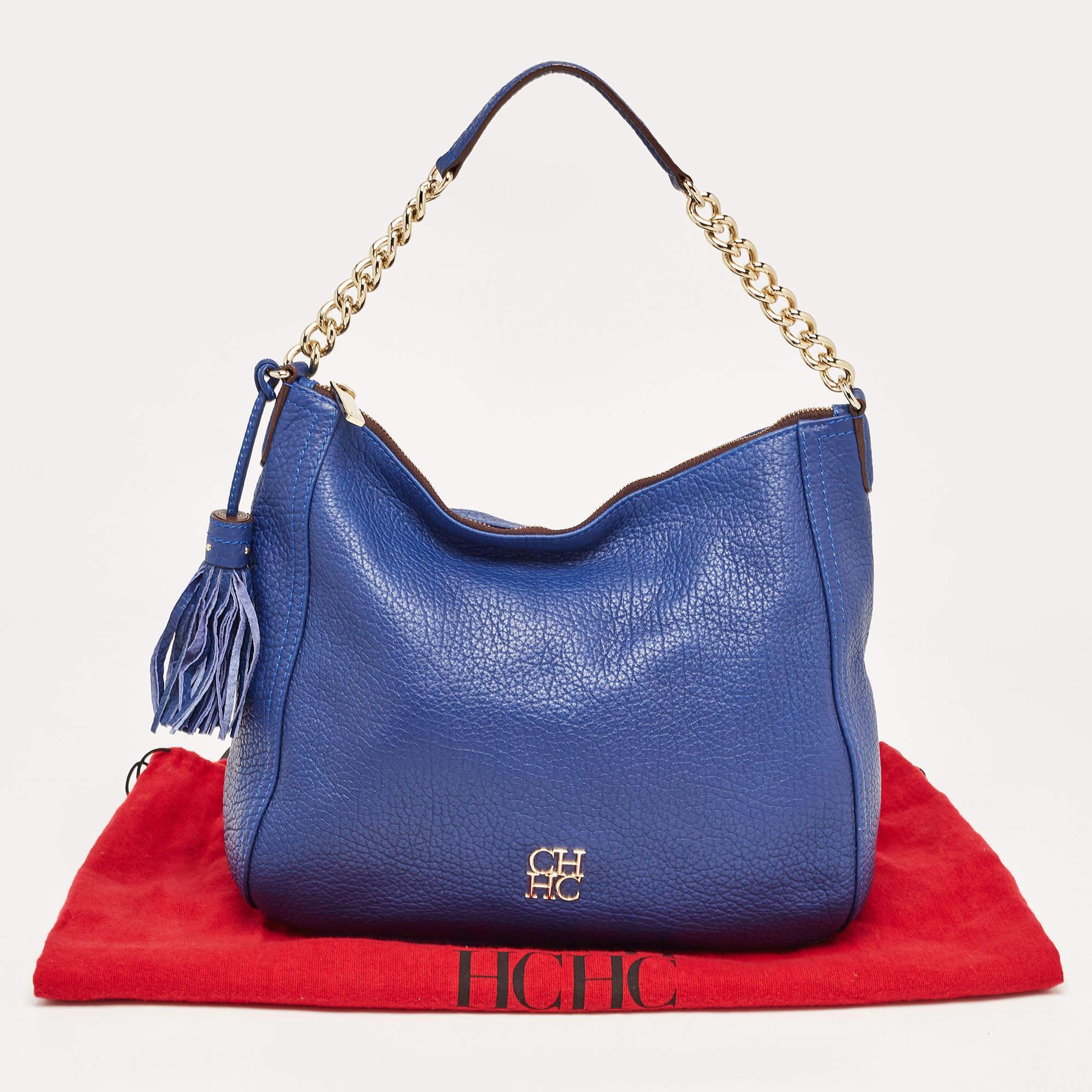 Carolina Herrera Blue Leather Chain Tassel Hobo For Sale 6