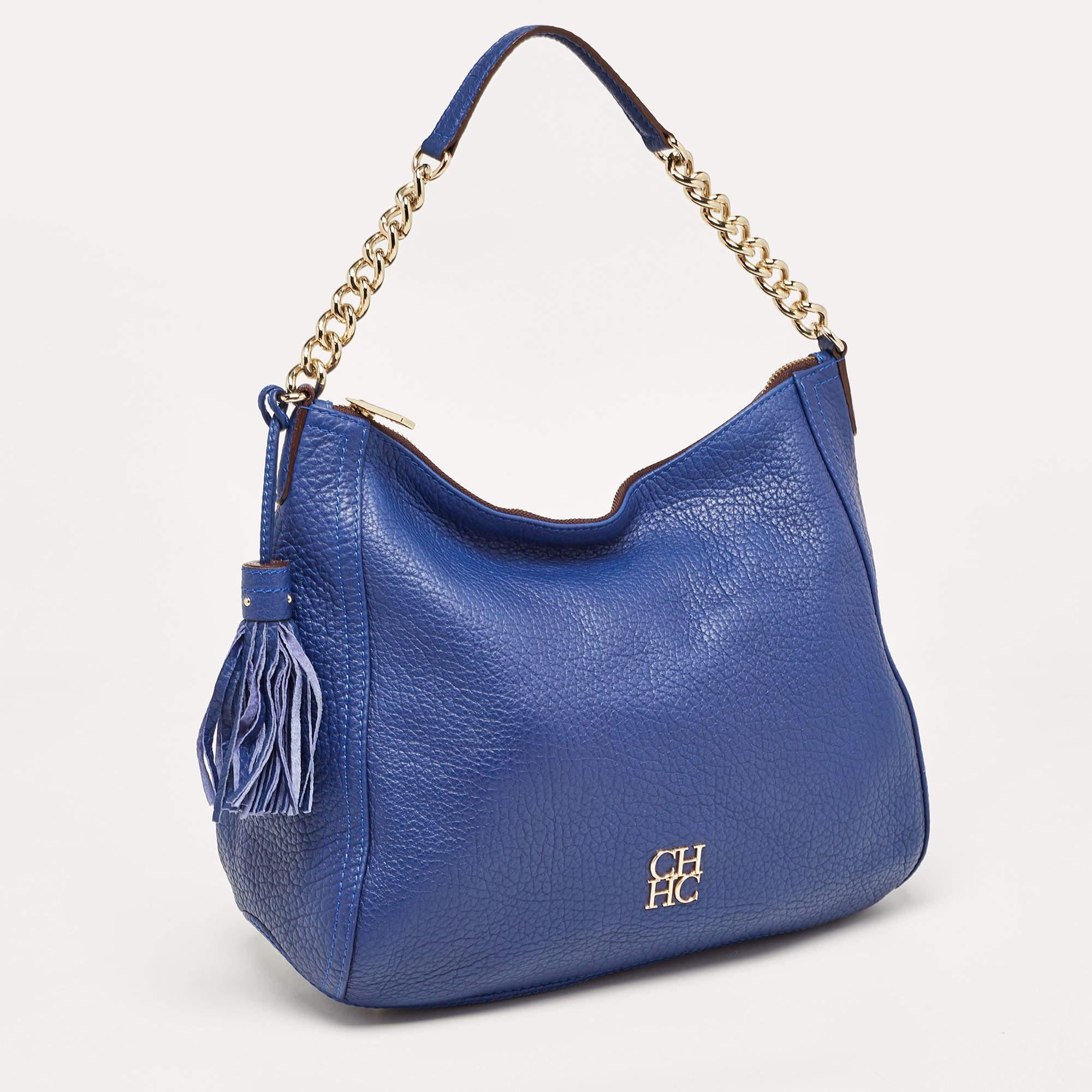 Carolina Herrera Blue Leather Chain Tassel Hobo For Sale 5