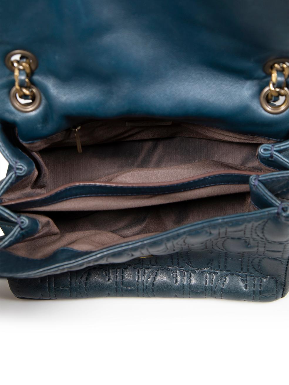 Carolina Herrera Blue Leather Embossed Bow Shoulder Bag For Sale 1