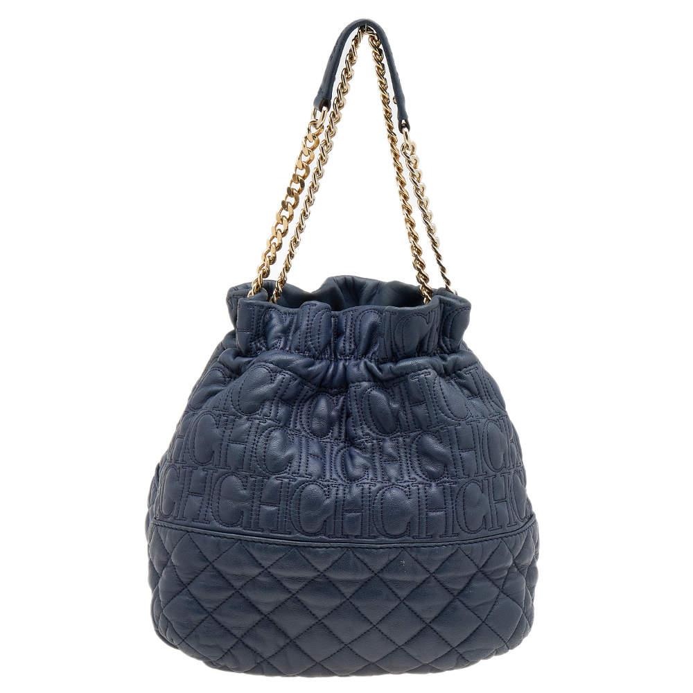 Black Carolina Herrera Blue Quilted Leather Bucket Bag For Sale