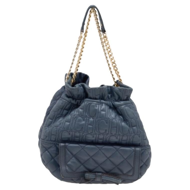 Carolina Herrera Blue Quilted Leather Bucket Bag For Sale