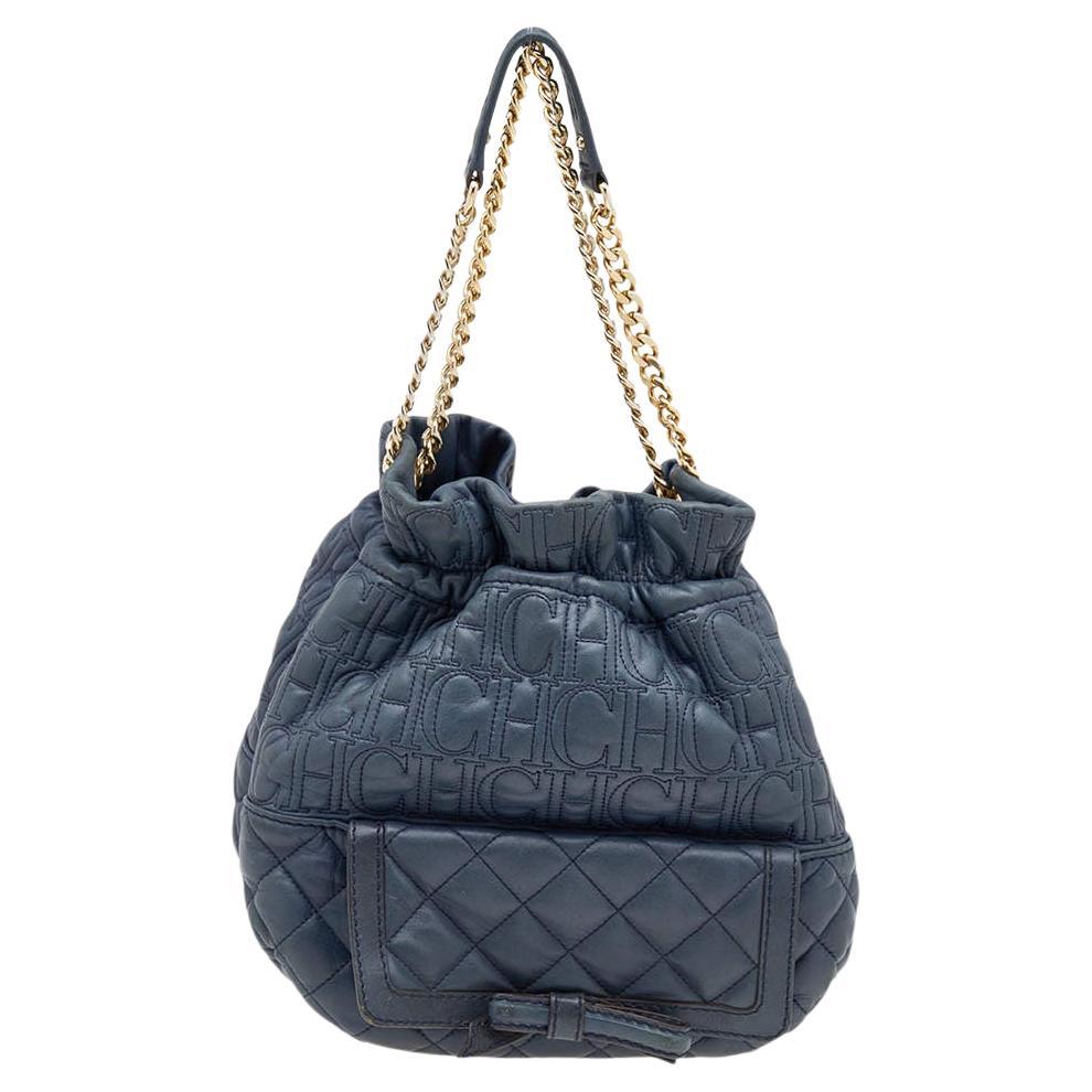 Carolina Herrera Blue Quilted Leather Bucket Bag For Sale