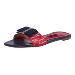 Carolina Herrera Blue/Red Leather Bow Flat Slides Size 39