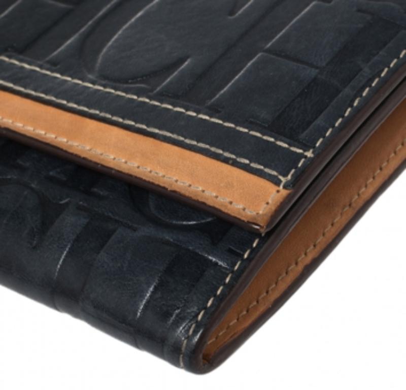 Carolina Herrera Blue/Tan Embossed Leather Flap Wallet For Sale 3