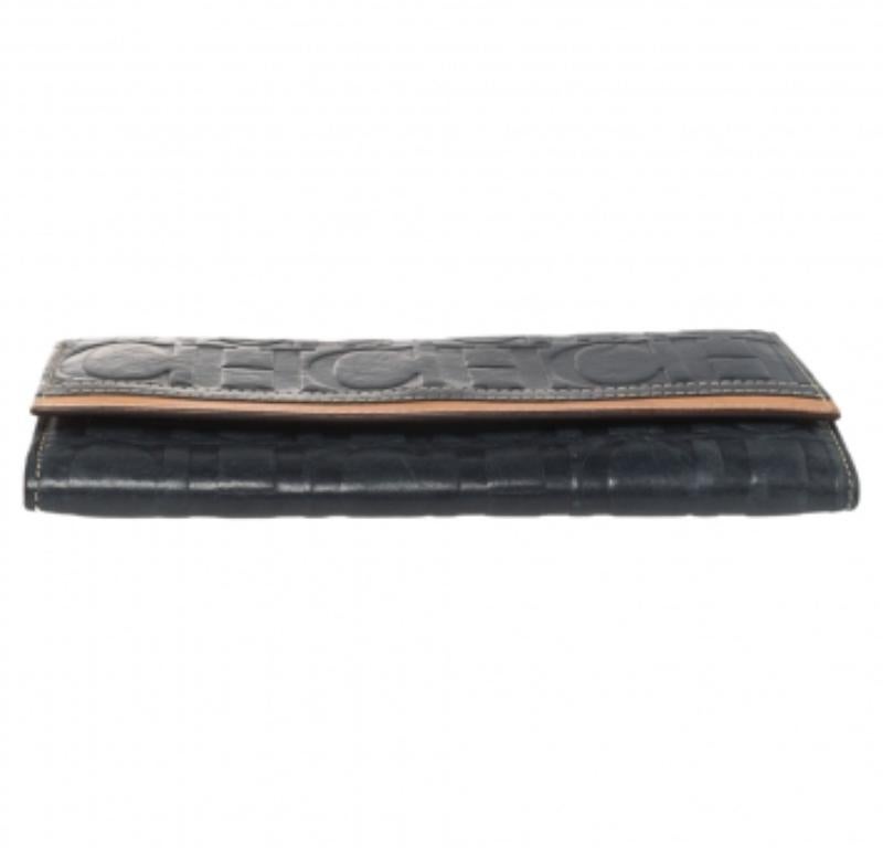 Carolina Herrera Blue/Tan Embossed Leather Flap Wallet For Sale 4