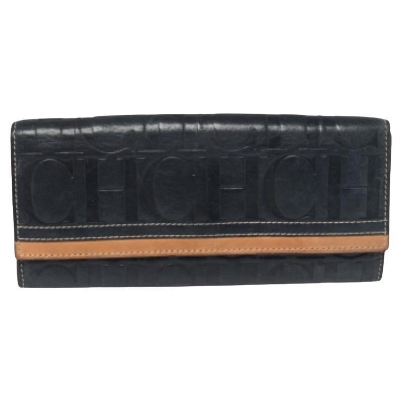 Carolina Herrera Blue/Tan Embossed Leather Flap Wallet For Sale
