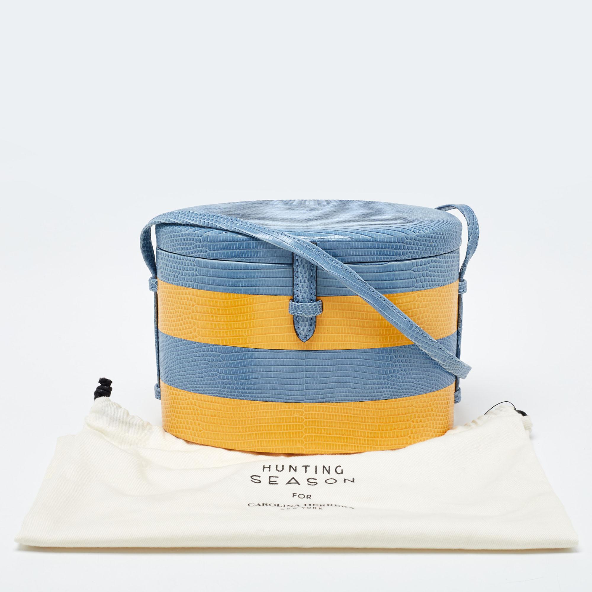 Carolina Herrera Blue/Yellow Lizard Stripe Trunk Bag For Sale 9
