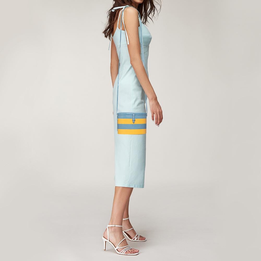 Carolina Herrera Blue/Yellow Lizard Stripe Trunk Bag In Good Condition For Sale In Dubai, Al Qouz 2