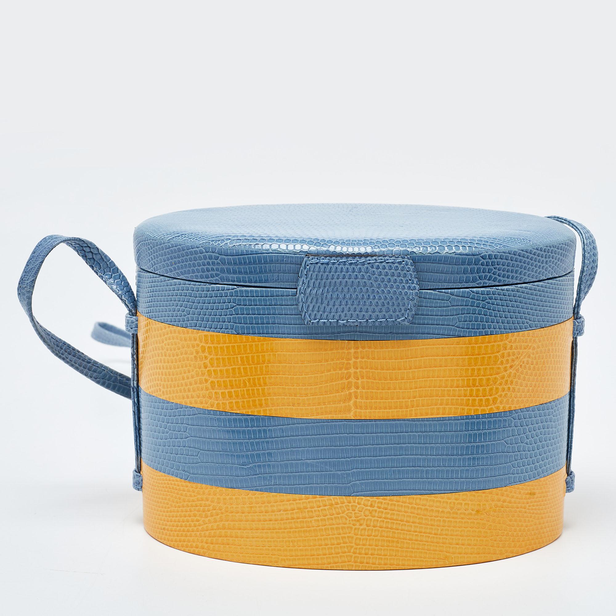 Women's Carolina Herrera Blue/Yellow Lizard Stripe Trunk Bag For Sale