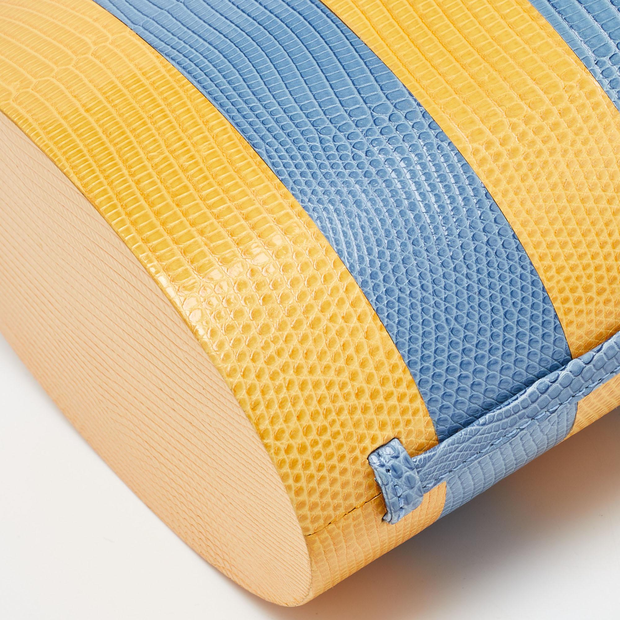 Carolina Herrera Blue/Yellow Lizard Stripe Trunk Bag For Sale 2