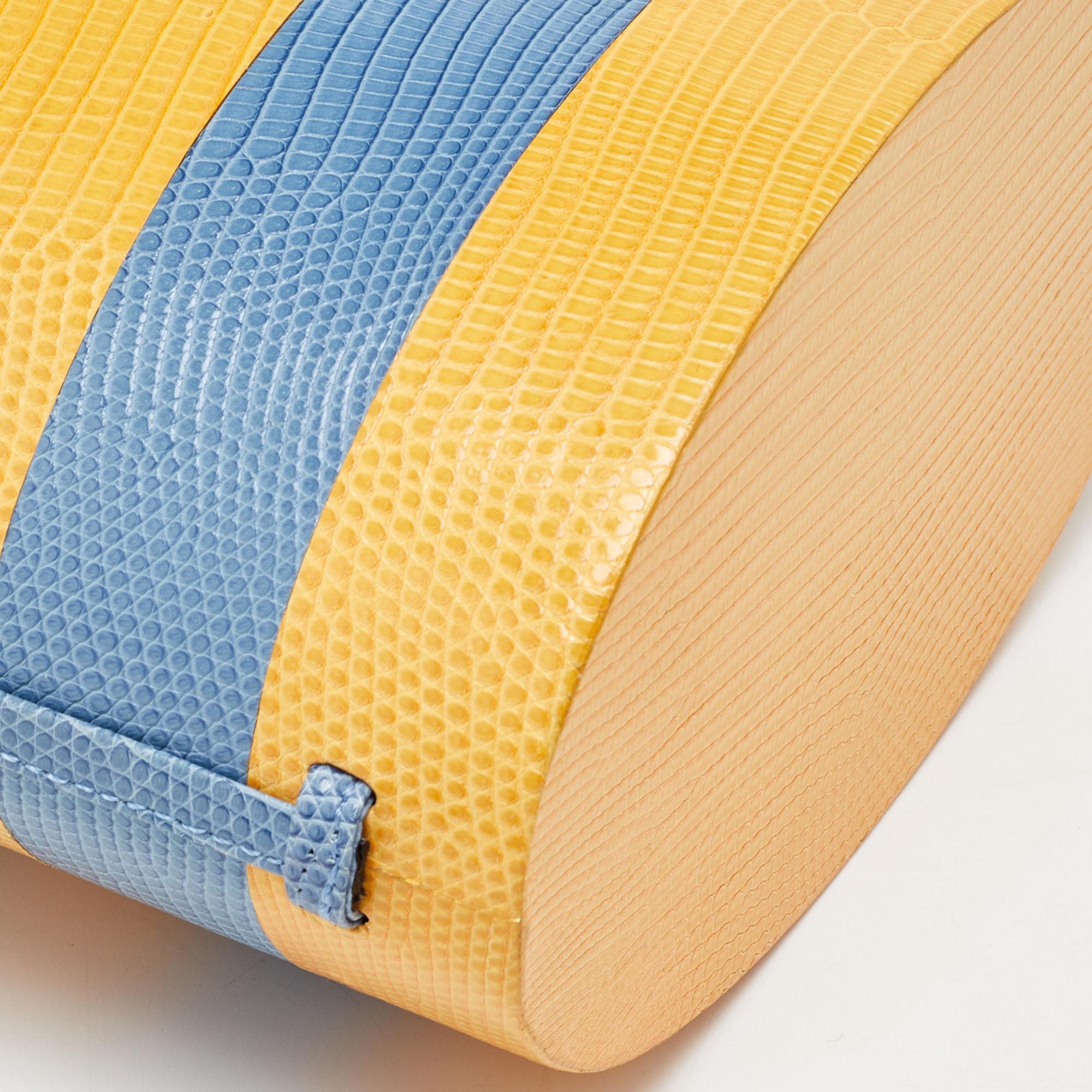 Carolina Herrera Blue/Yellow Lizard Stripe Trunk Bag For Sale 3