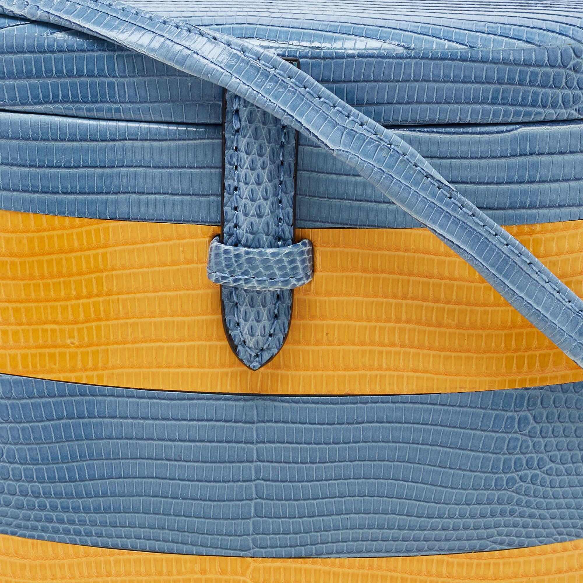 Carolina Herrera Blue/Yellow Lizard Stripe Trunk Bag For Sale 4