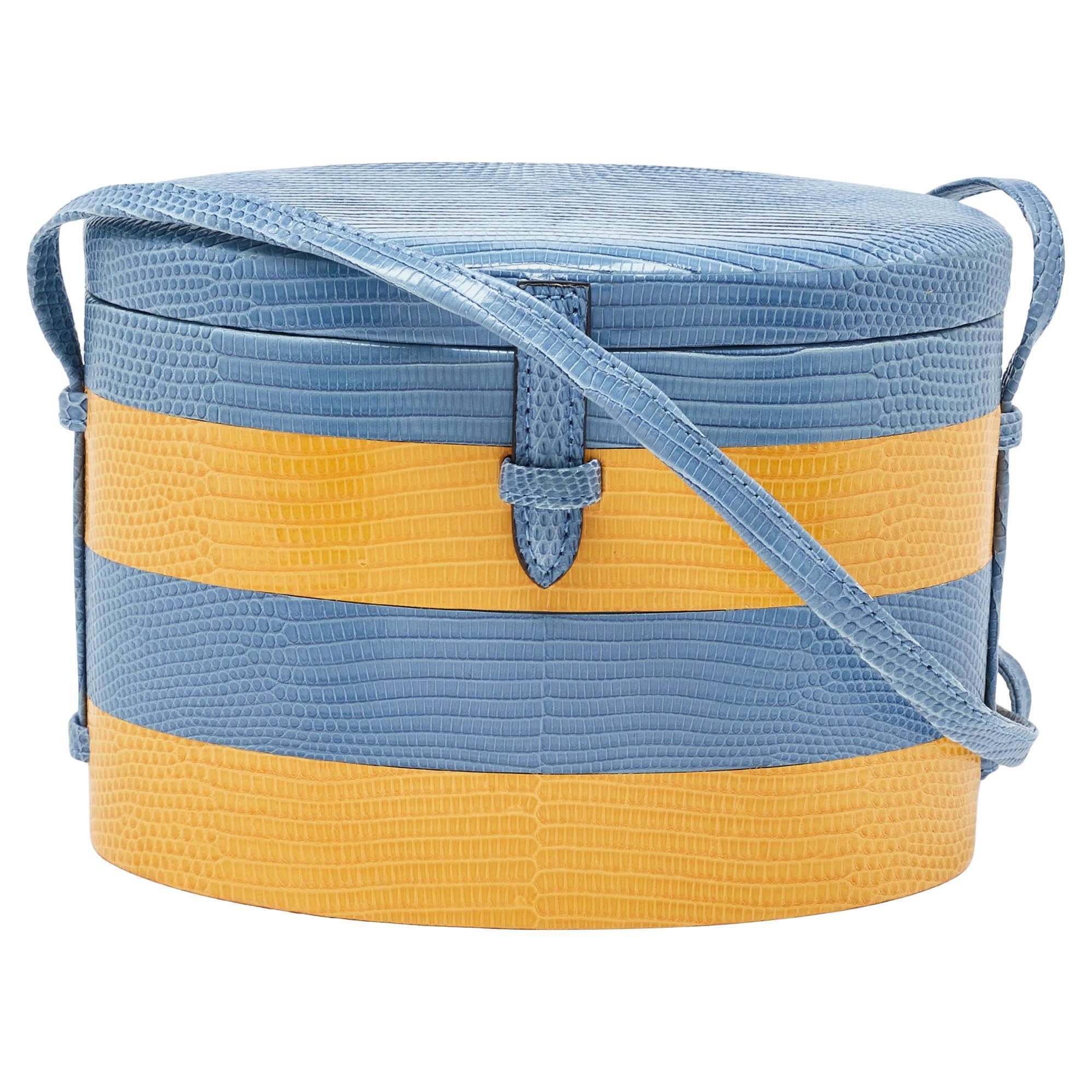 Carolina Herrera Blue/Yellow Lizard Stripe Trunk Bag For Sale