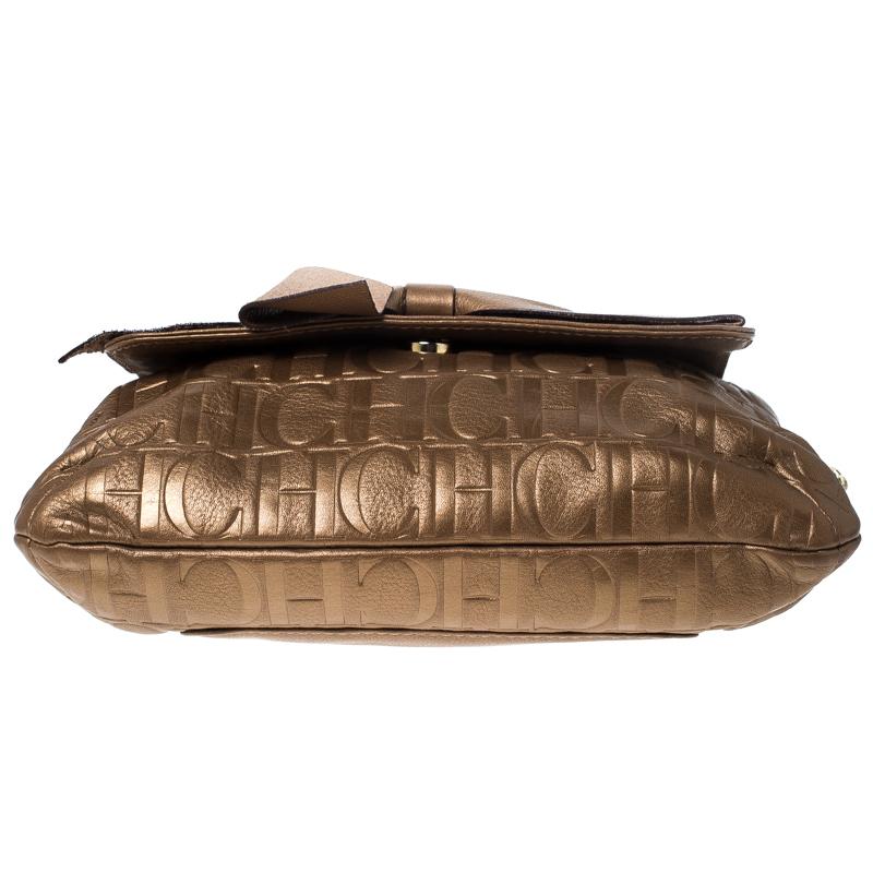 Carolina Herrera Bronze Monogram Leather Audrey Shoulder Bag In Good Condition In Dubai, Al Qouz 2