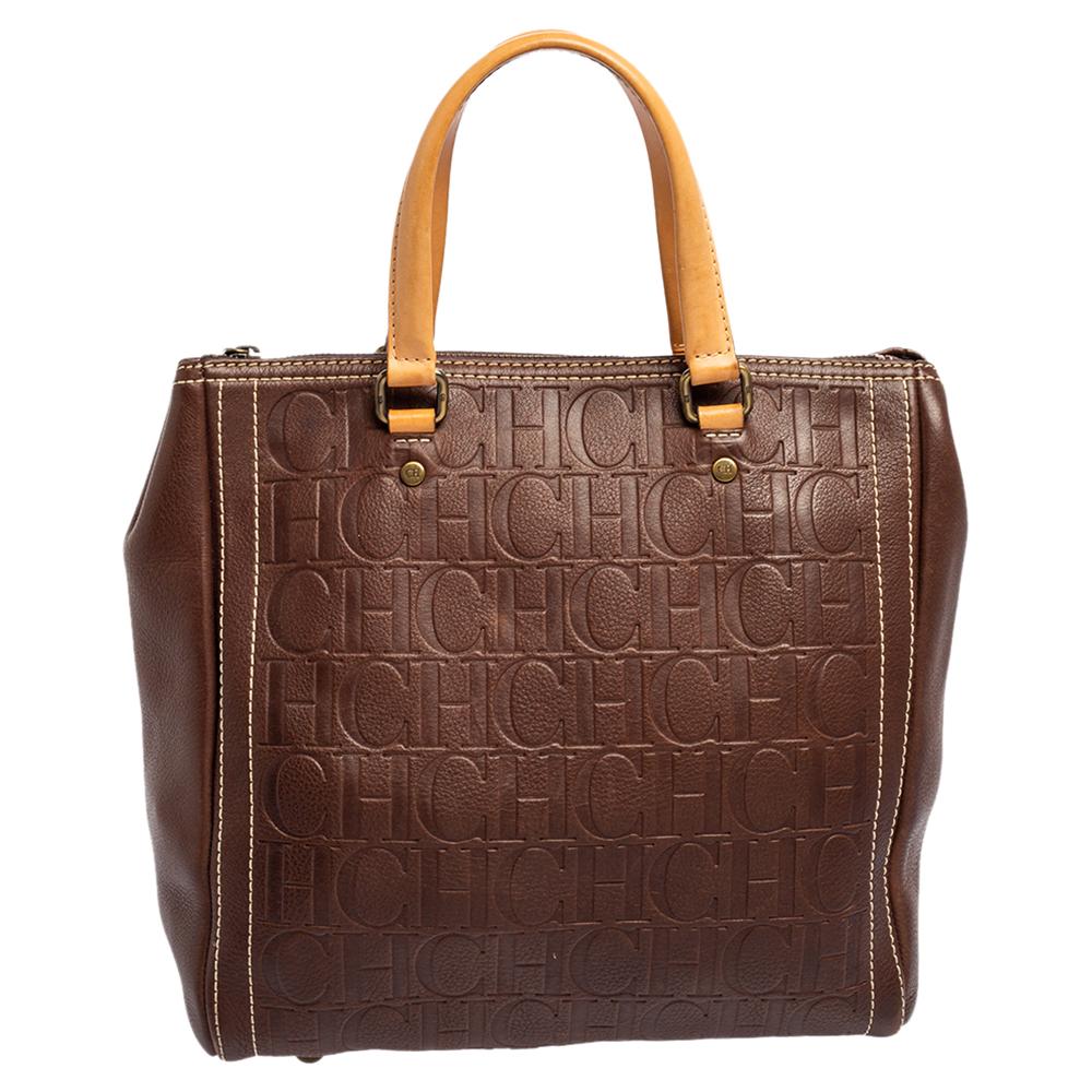 Carolina Herrera Brown Embossed Leather Andy Tote 4