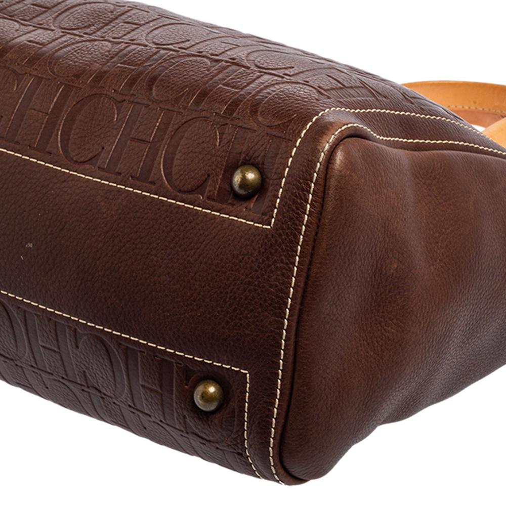 Carolina Herrera Brown Embossed Leather Andy Tote In Good Condition In Dubai, Al Qouz 2