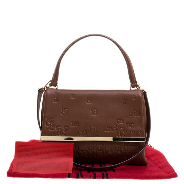 Carolina Herrera Brown Embossed Leather Satchel For Sale at 1stDibs