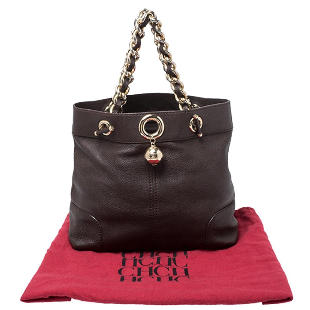 Carolina Herrera Brown Leather Chain Handle Tote Bag 6