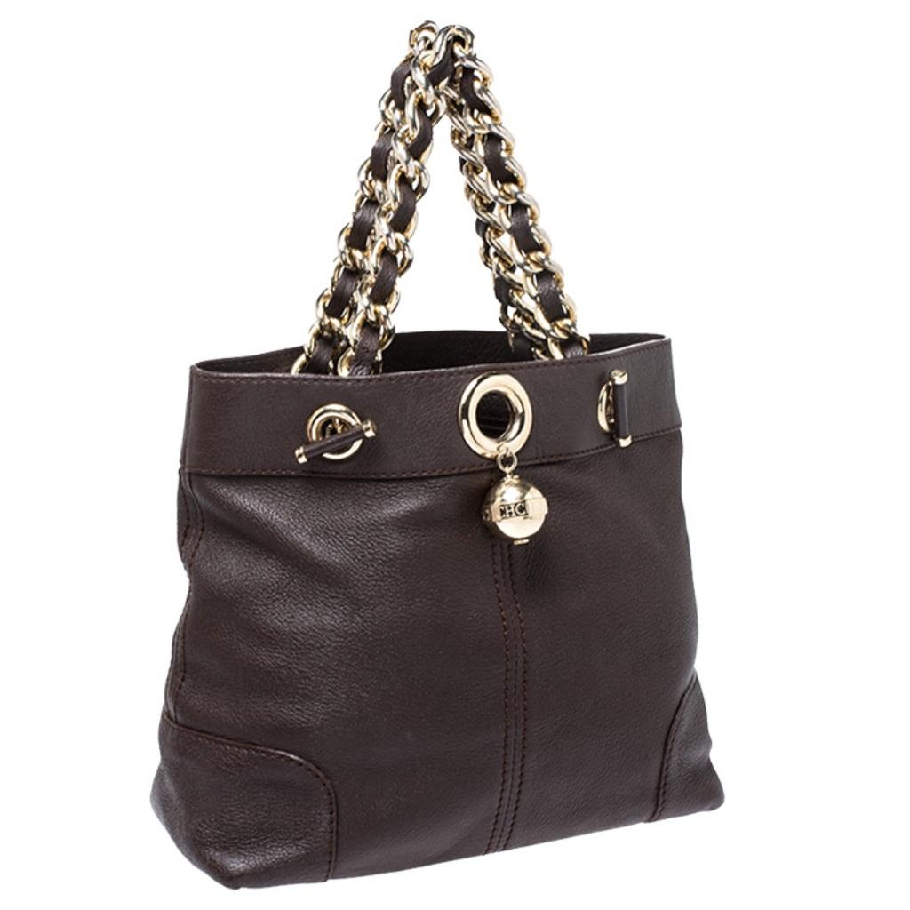 Carolina Herrera Brown Leather Chain Handle Tote Bag In Good Condition In Dubai, Al Qouz 2