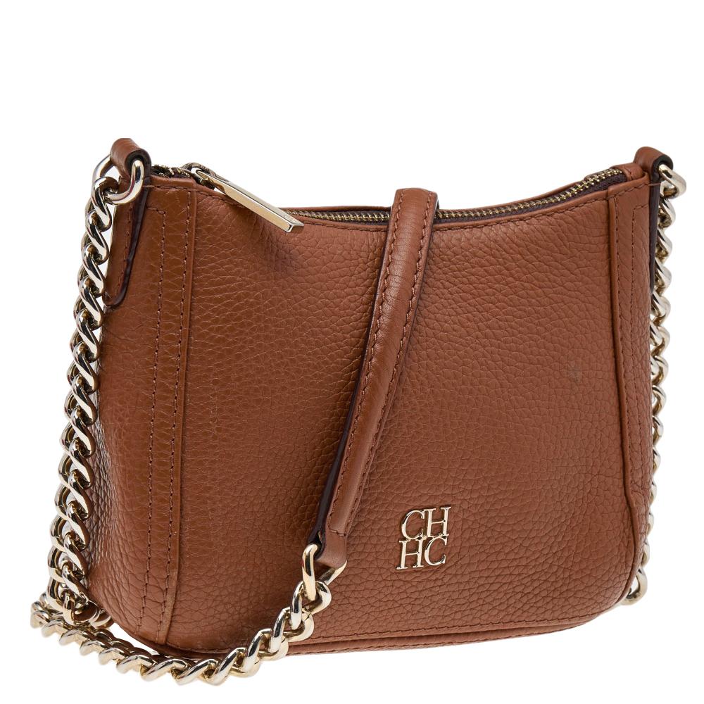 Women's Carolina Herrera Brown Leather Chain Tassel Crossbody Bag