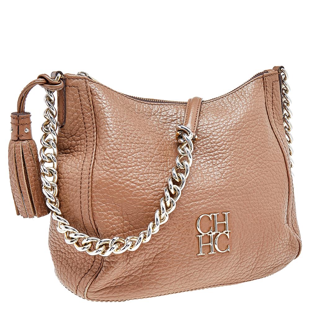 Carolina Herrera Brown Leather Chain Tassel Shoulder Bag In Good Condition In Dubai, Al Qouz 2