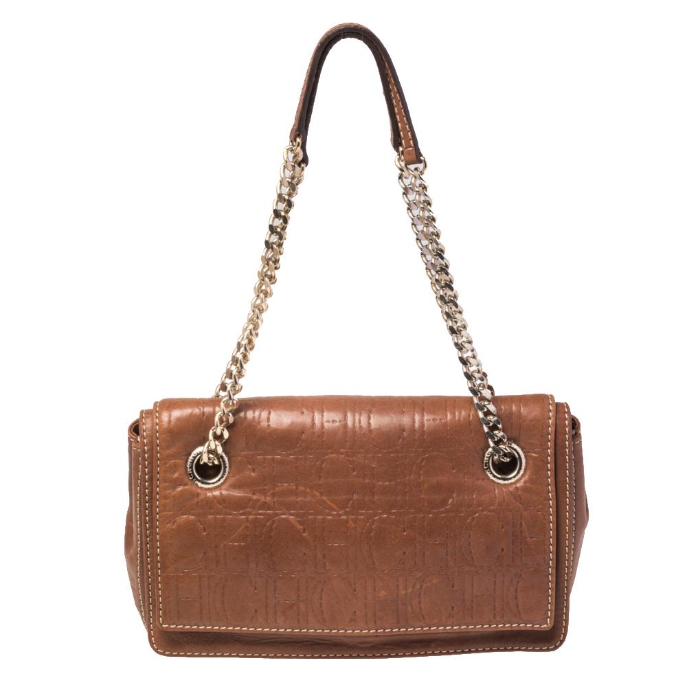 Carolina Herrera Brown Monogram Leather Shoulder Bag For Sale at 1stDibs