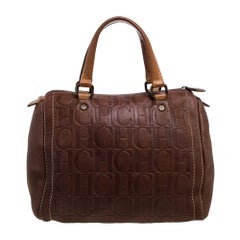 Carolina Herrera Brown Leather Monogram Embossed Andy Boston Bag