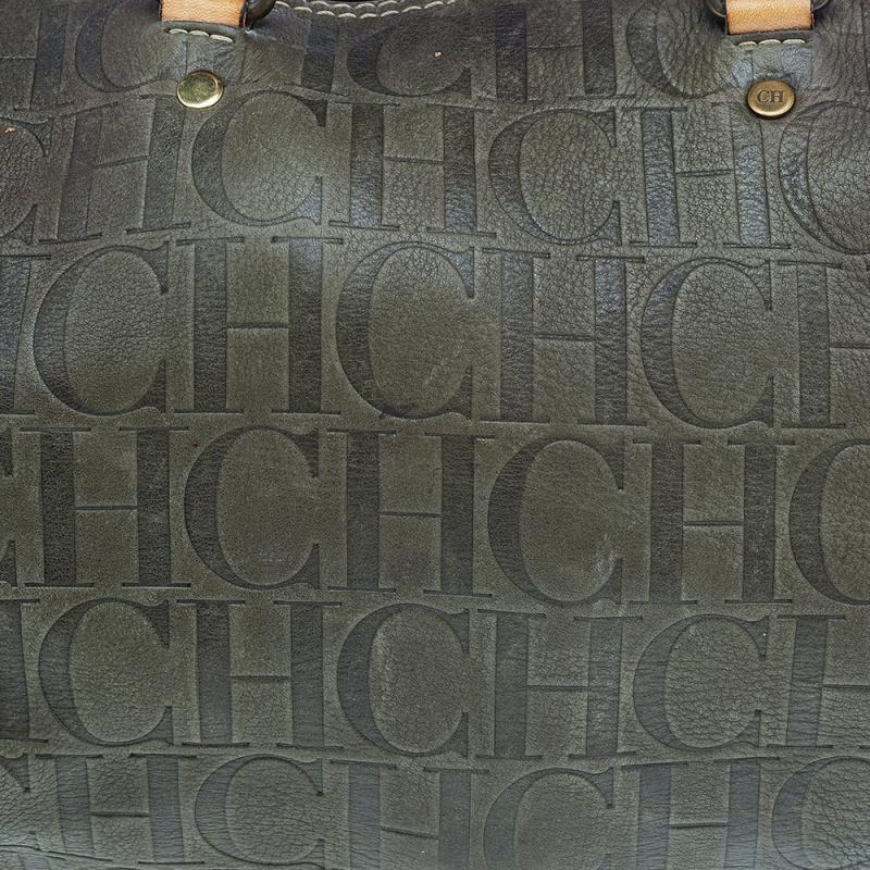 Carolina Herrera Brown Leather Monogram Embossed Boston Bag 1
