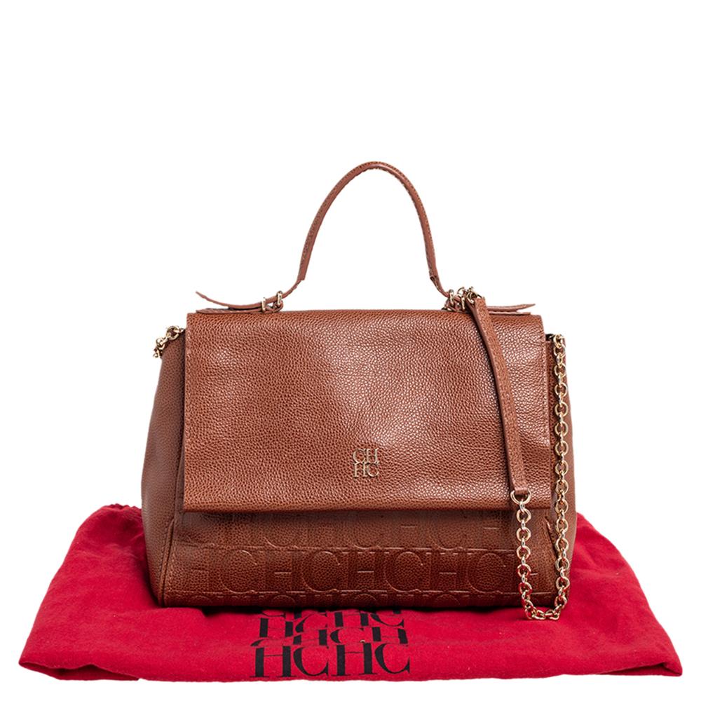 Carolina Herrera Brown Monogram Embossed Leather Minuetto Top Handle Bag 5