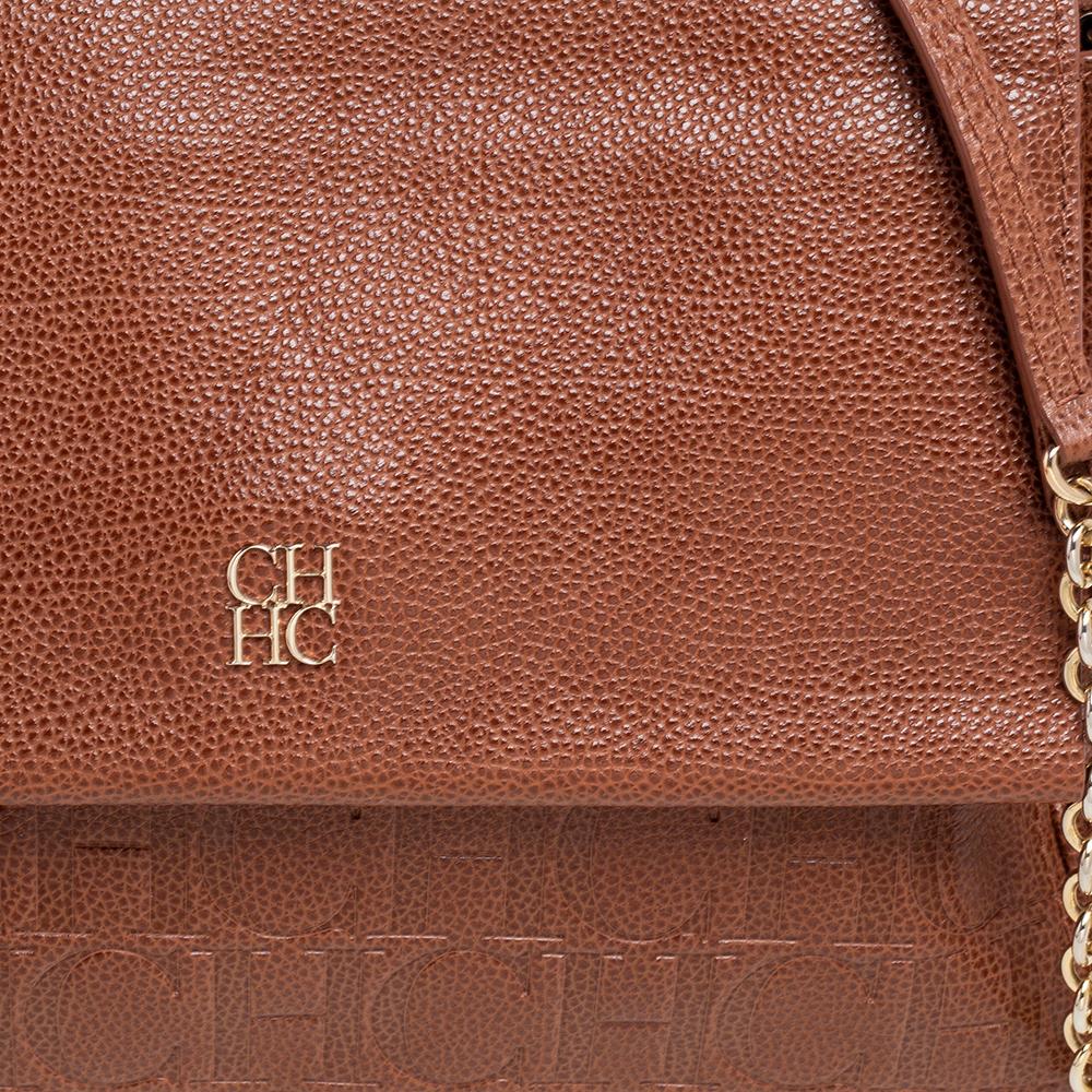 Carolina Herrera Brown Monogram Embossed Leather Minuetto Top Handle Bag 1