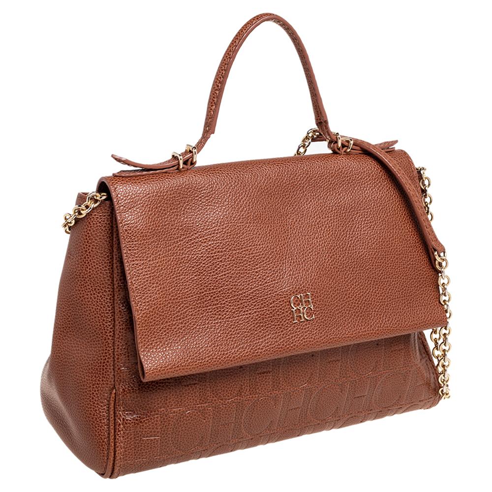 Carolina Herrera Brown Monogram Embossed Leather Minuetto Top Handle Bag 2