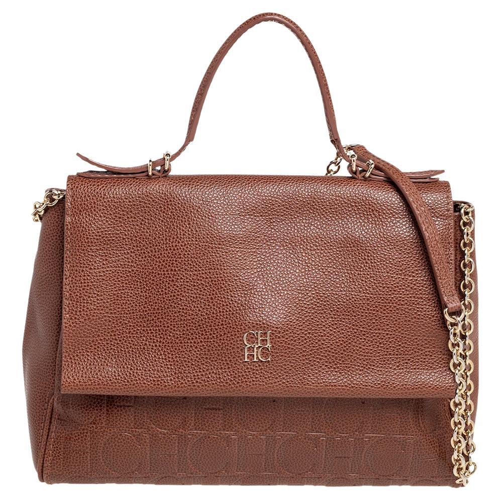 Carolina Herrera Brown Monogram Embossed Leather Minuetto Top Handle Bag