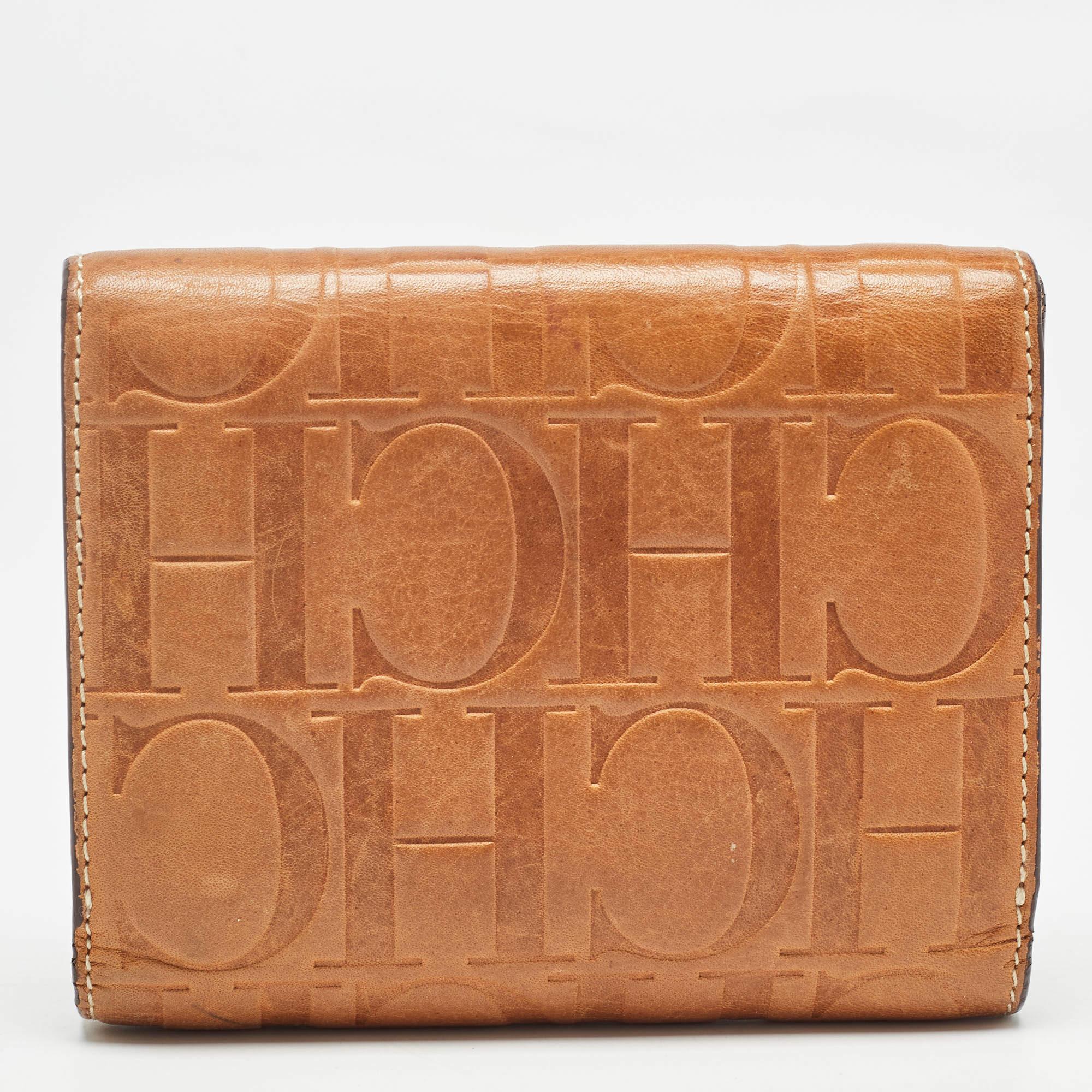 Carolina Herrera Brown Monogram Embossed Leather Trifold Wallet For Sale 5