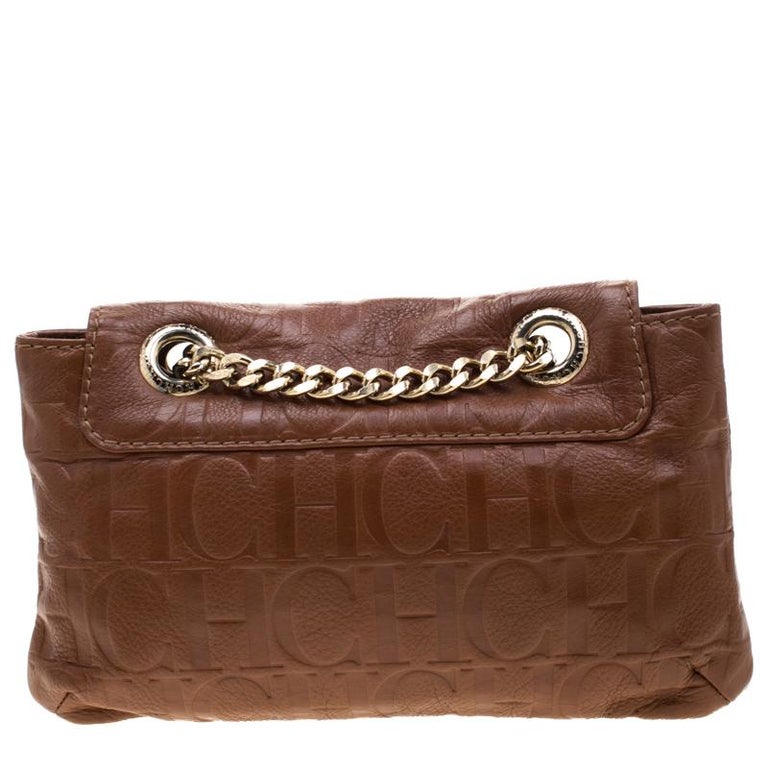 Carolina Herrera Brown Monogram Leather Audrey Shoulder Bag For Sale at 1stDibs