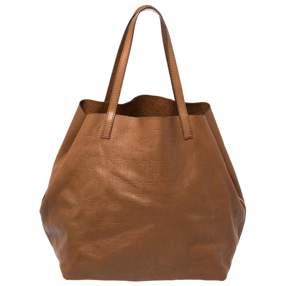 Carolina Herrera bags Monogram beige Canva brown Leather CH Shoulder Bag  WOMENS
